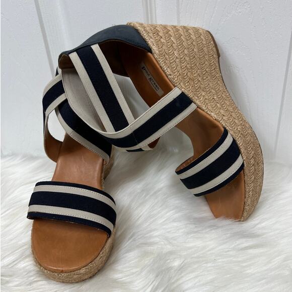 Paul Green Shoes - Paul Green Navy & Beige Striped Crisscross Espadrille Sandal Wedges 9.5